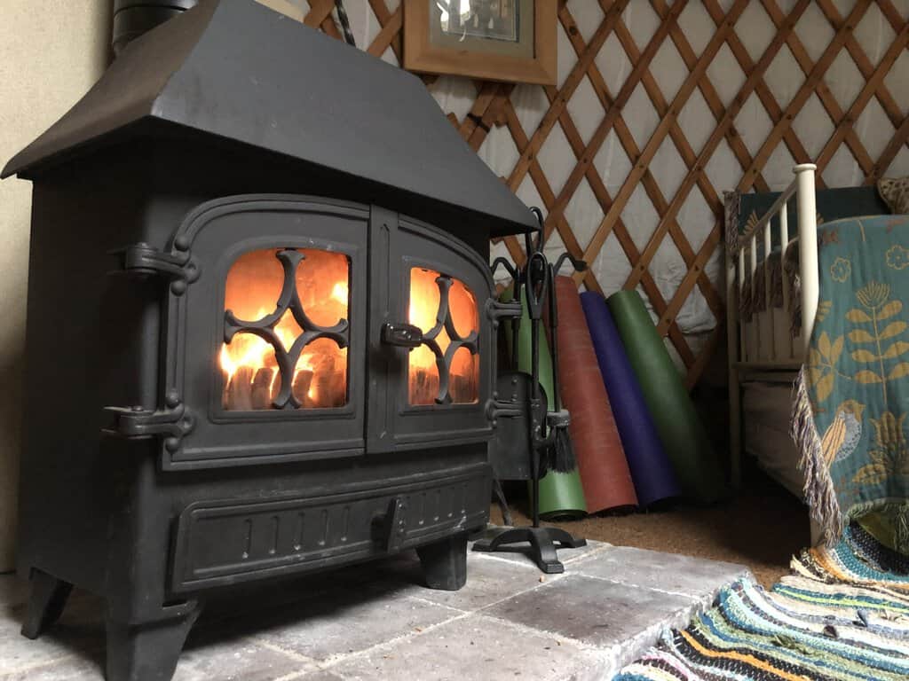 Wood burner in yurt